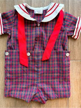 Vintage C.I. Castro Red Plaid Sailor Romper with White Collar
